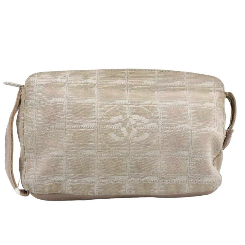 CHANEL 100% AUTHENTIC Beige Grid Pattern Travel Line Canvas Pochette